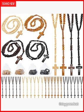 100 Wooden Catholic Rosary Beads Bulk Set with Cross & Organza Bags